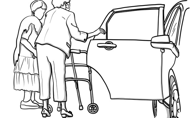 illustratie oude vrouw die in auto wordt geholpen