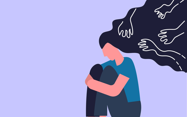 illustratie van vrouw die verdrietig op grond zit