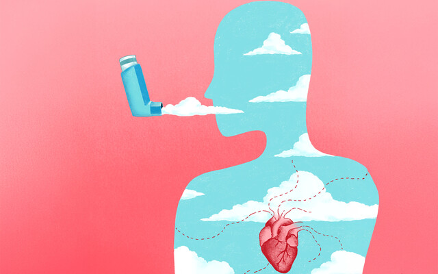 Silhouet van een mens gevuld met wolken die een inhaler inhaleert.