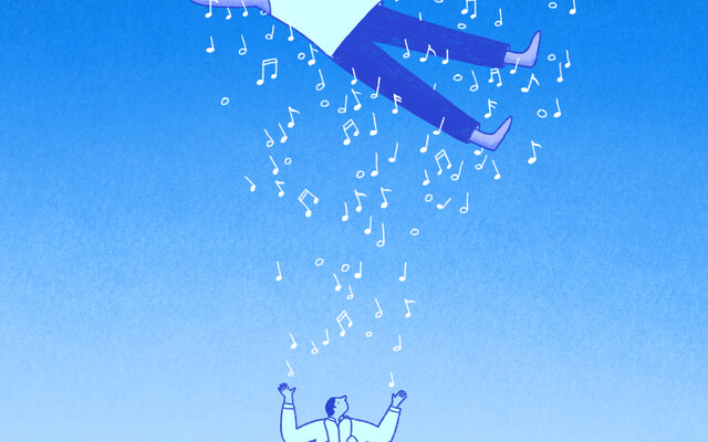 Illustratie van iemand die omhoog zweeft op muziekoten