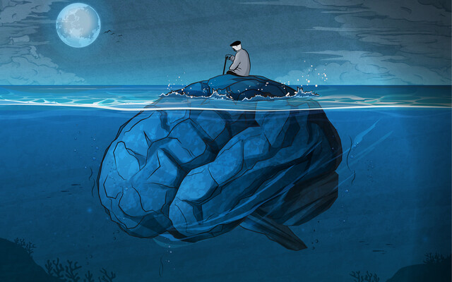 Illustratie: hersenen als een eiland dat deels onder water is