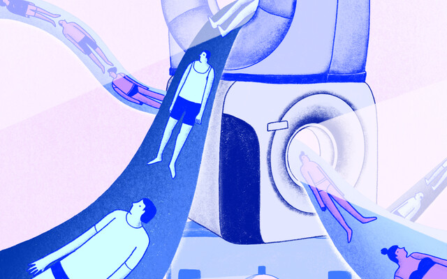 Illustratie van mensen die in een scanapparaat liggen