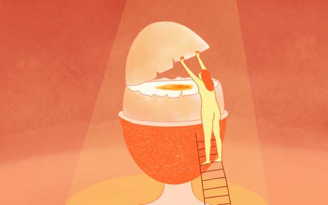 Illustratie van iemand die in een ei kijkt