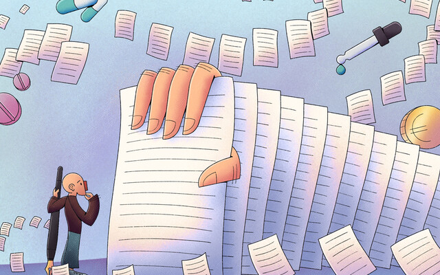 Illustratie van iemand die naar een grote stapel papieren kijkt