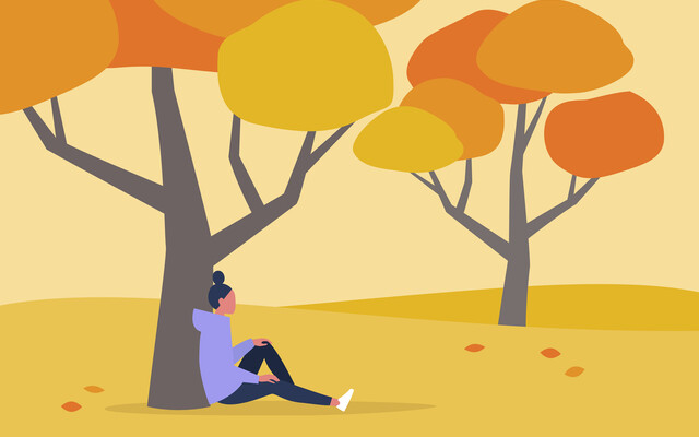 Illustratie van vrouw die onder een boom zit