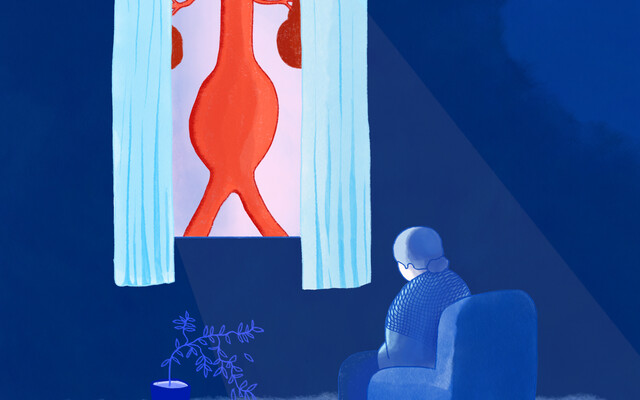 Illustratie van zittend persoon kijken naar de aorta