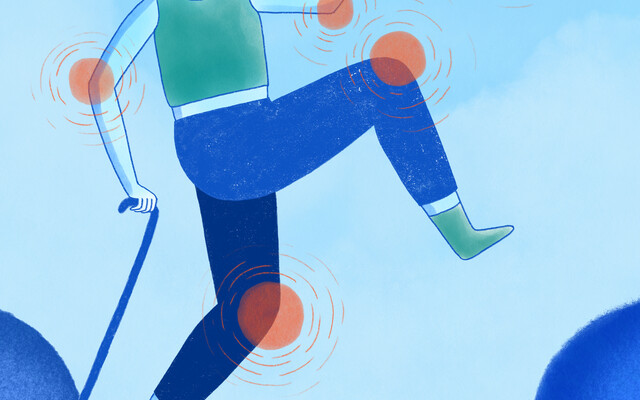 Illustratie van iemand die met een stok loopts