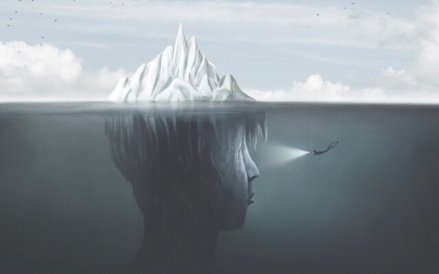 Illustratie van een ijsberg met onder water een gezicht
