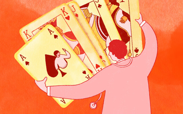 Illustratie van iemand met een grote stapel kaarten