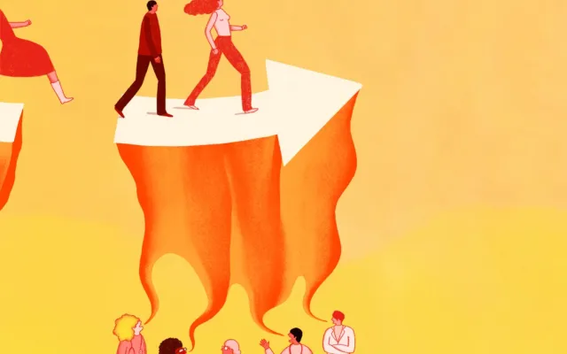Illustratie van mensen die een richting opgestuurd worden