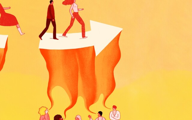 Illustratie van mensen die een richting opgestuurd worden