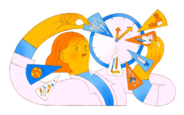Beeld: Jill Heesbeen Een kleurrijke illustratie van een zorgverlener die puzzelstukken met symbolen voor werk, gezin en vrije tijd in een klok probeert te passen om de werk-privébalans te verbeelden.