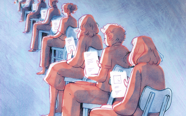 Illustratie van een rij mensen met resultaten in de hand