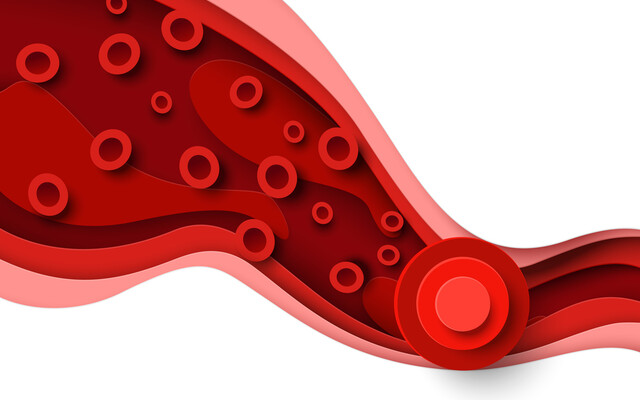 Een illustratie in rode tinten die bloedcellen voorstelt die door een ader stromen