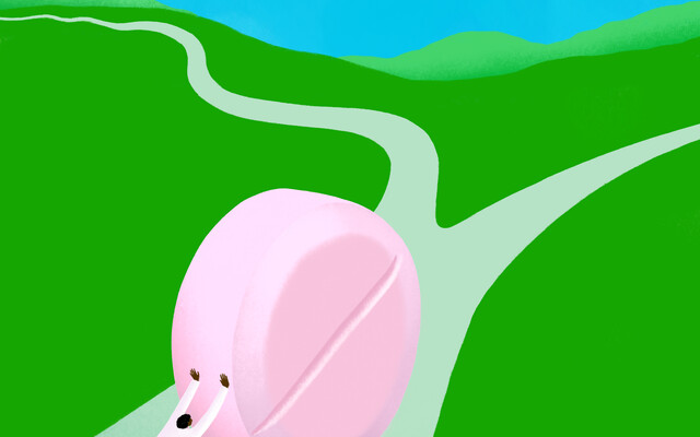 Illustratie van iemand die een pil voor zich uitduwt