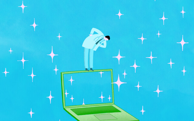 Illustratie: Laptop met hologram en sterren