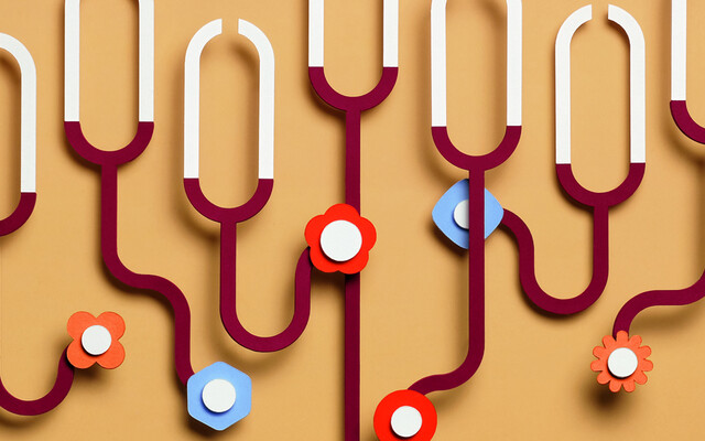 Illustratie van een netwerk van rode en witte stethoscopen die met elkaar verbonden zijn via gekleurde bloem- en geometrische knoppen op een lichtbruine achtergrond