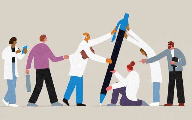 Illustratie van artsen rondom een levensgrote pen