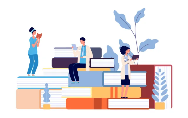 Illustratie van mensen die op boeken staan