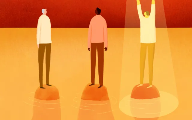 Illustratie van 3 mensen waarvan er eentje in de spotlight staat