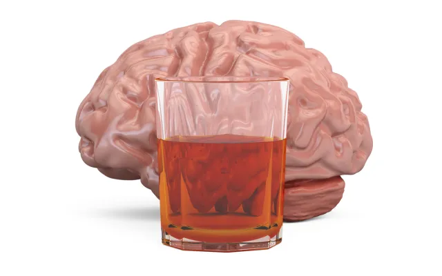 Beeld: AlexLMX/iStock.com Illustratie van hersenen et een glas drank ervoor