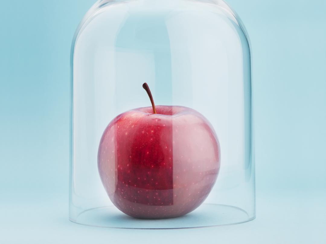Een appel onder een glazen stolp.