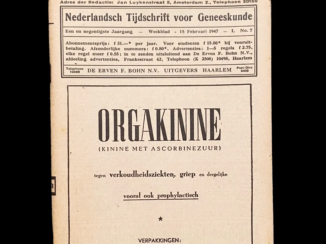 Een cover van het NTvG uit 1947 met een advertentie voor orgakinine.