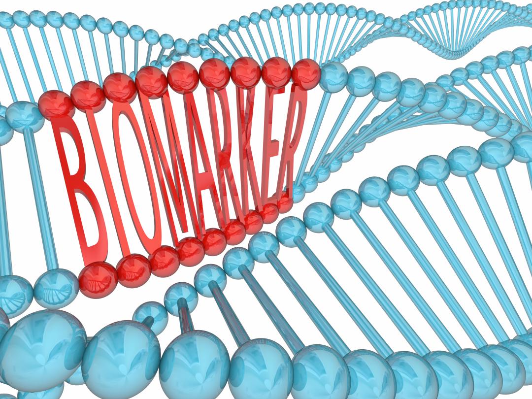 Illustratie van een DNA-streng waar het woord 'biomarker' in verwerkt is.