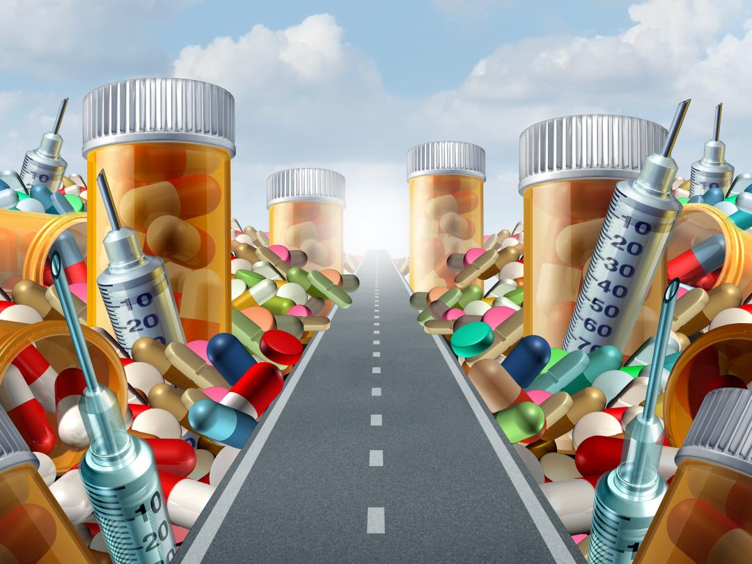 Illustratie van een weg met aan weerszijden verscheidene medicijnen.