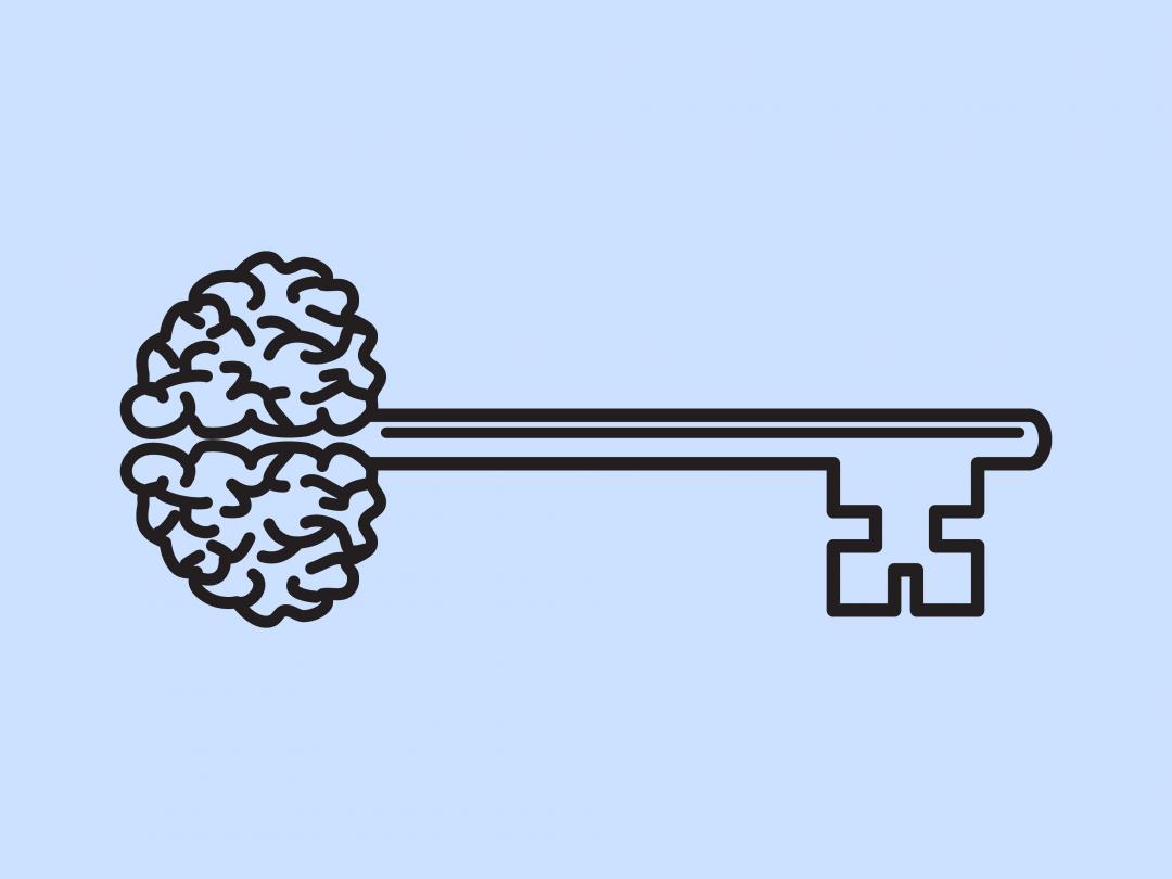 Illustratie van een sleutel waarvan de kop een stel hersenen is.