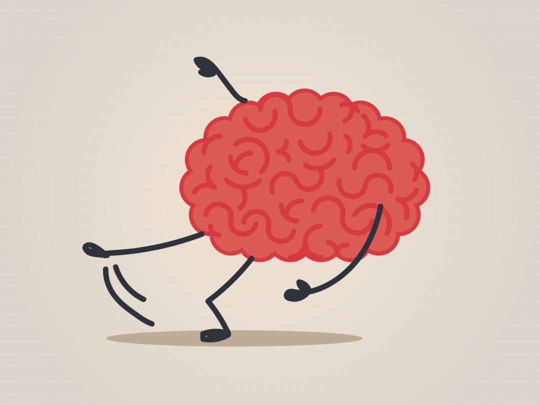 Illustratie van een brein met armen en benen dat het evenwicht lijkt te verliezen.