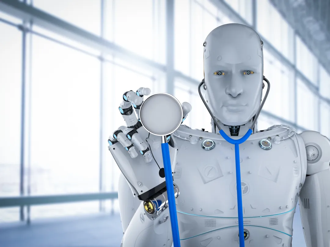 Een mensachtige robot houdt een stethoscoop vast.