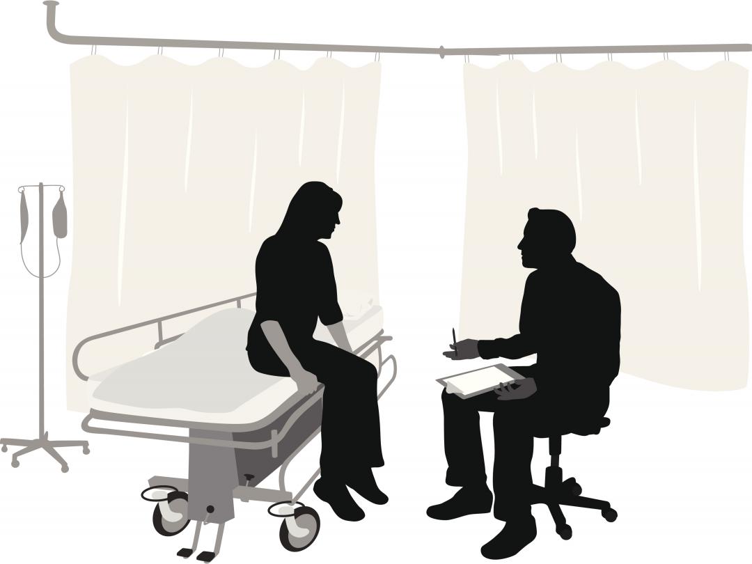 Illustratie van twee figuren in een ziekenhuisruimte. De linkerfiguur zit op een bed en de rechterfiguur op een kruk met een klembord op schoot.