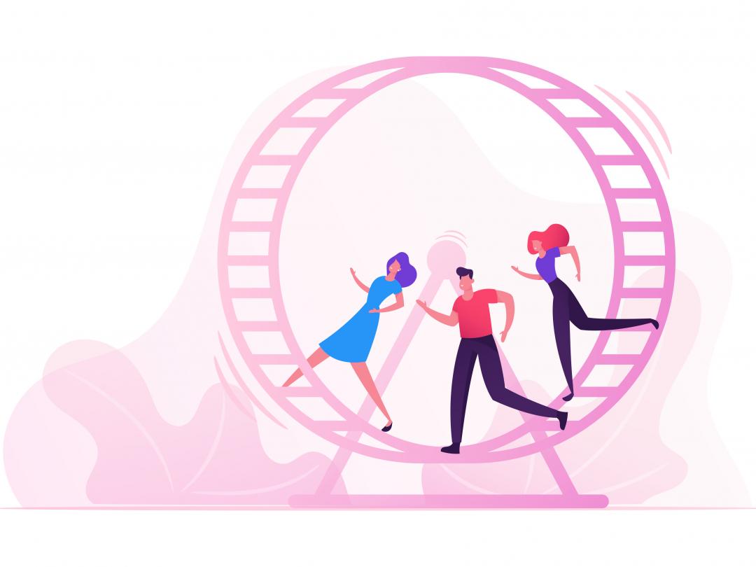 Illustratie van drie mensen in een loopwiel.