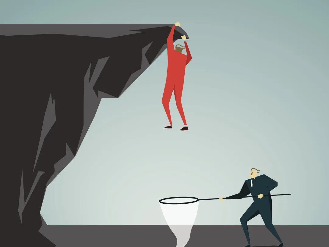 Illustratie van een persoon hangend aan een klif. Onderaan de klif staat een man met een schepnet.