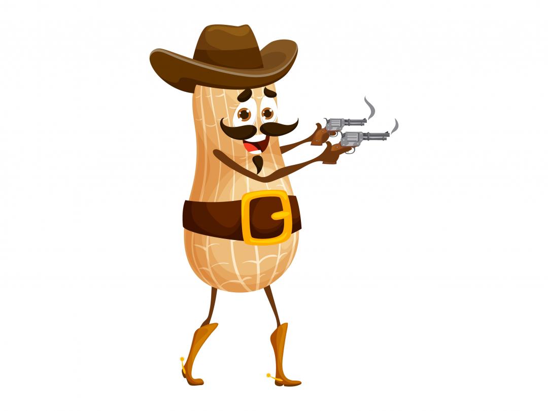 Illustratie van een pinda verkleed als cowboy.