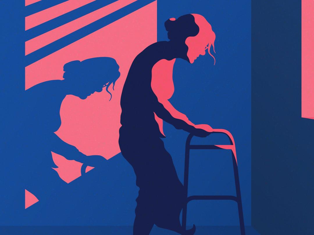 Illustratie van een oudere vrouw met een looprek.