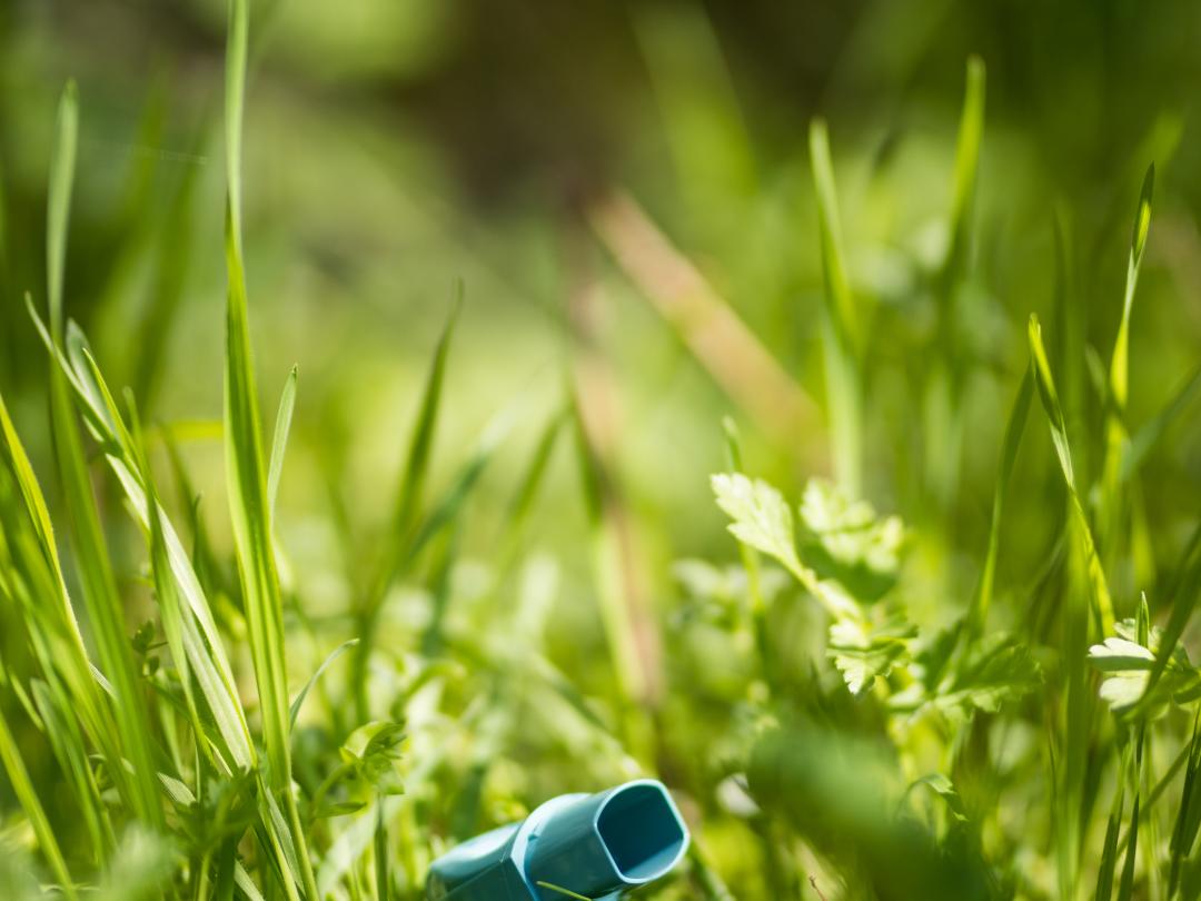 Een inhalator ligt in het gras.