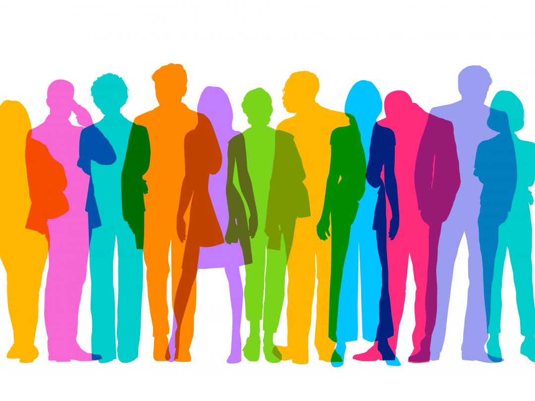 Illustratie van overlappende silhouetten van verschillende mensen in verschillende kleuren.