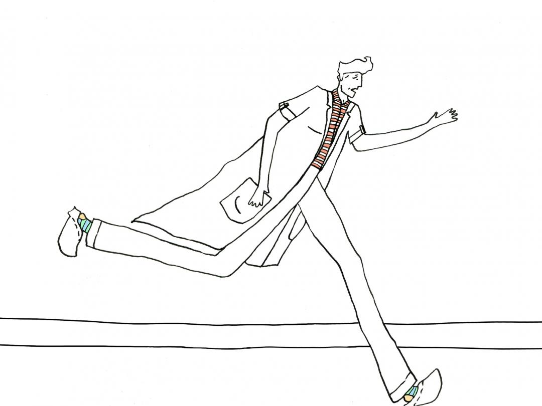 Illustratie van een rennende man in doktersjas.