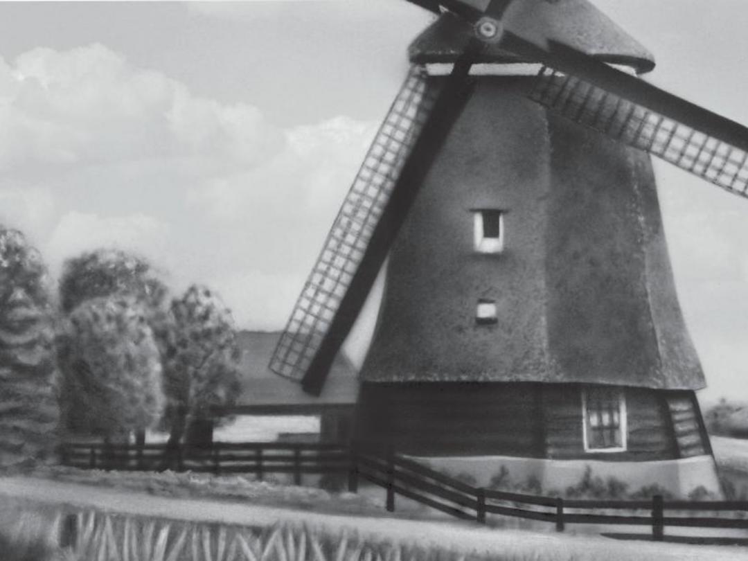 Zwart-wit illustratie van een molen.