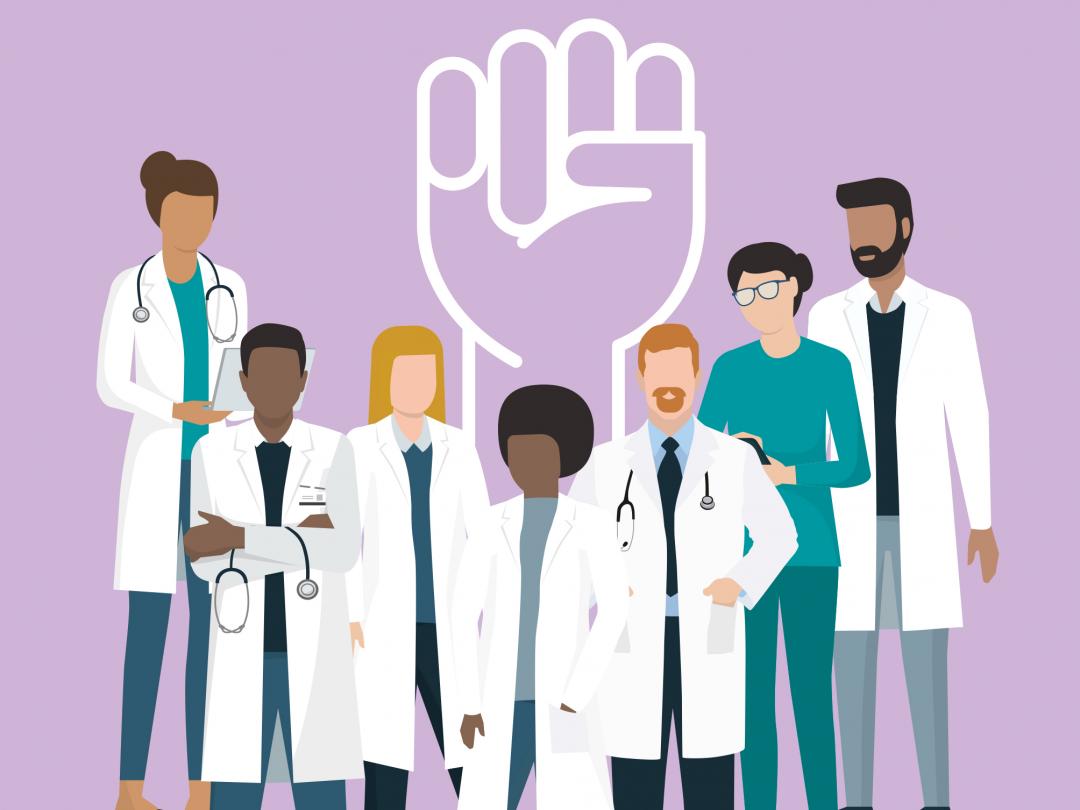 Illustratie van groep artsen met daarachter een symbool van een gebalde vuist.