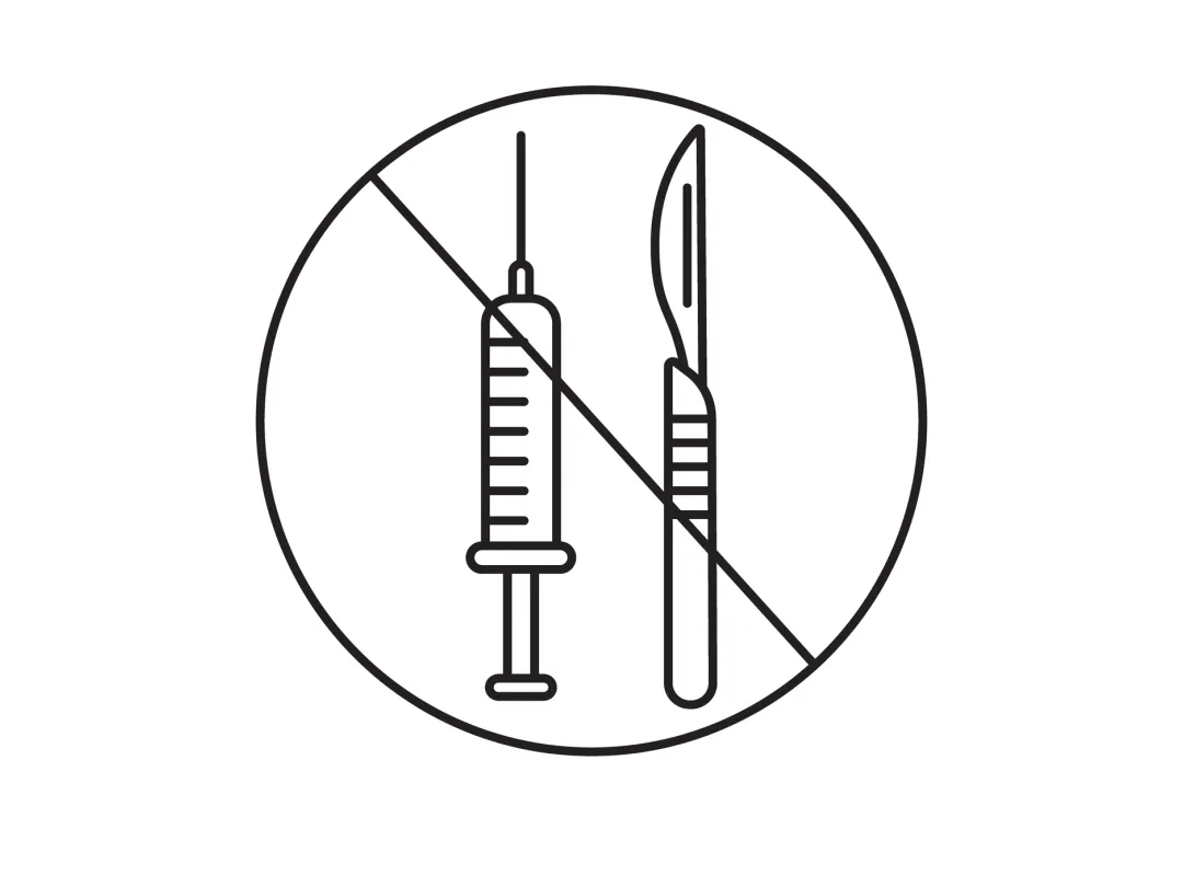 Tekening van een scalpel en spuit met streep erdoor