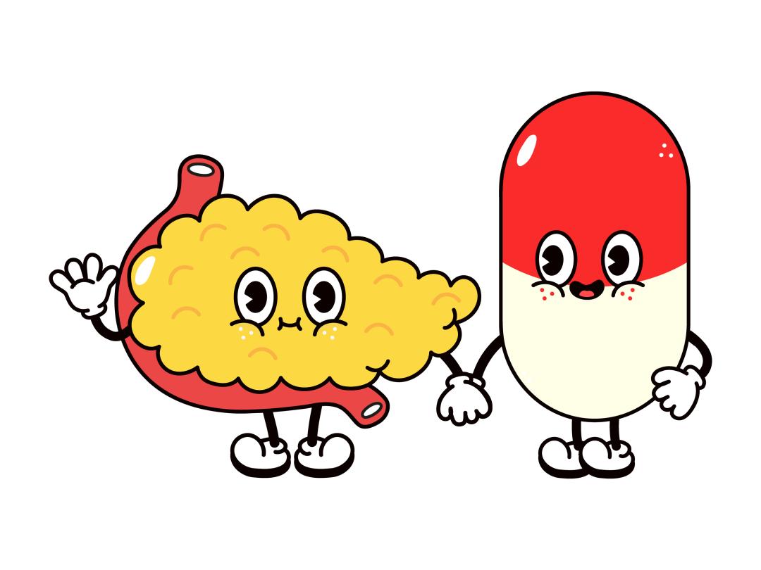 Cartoon van maag en pil