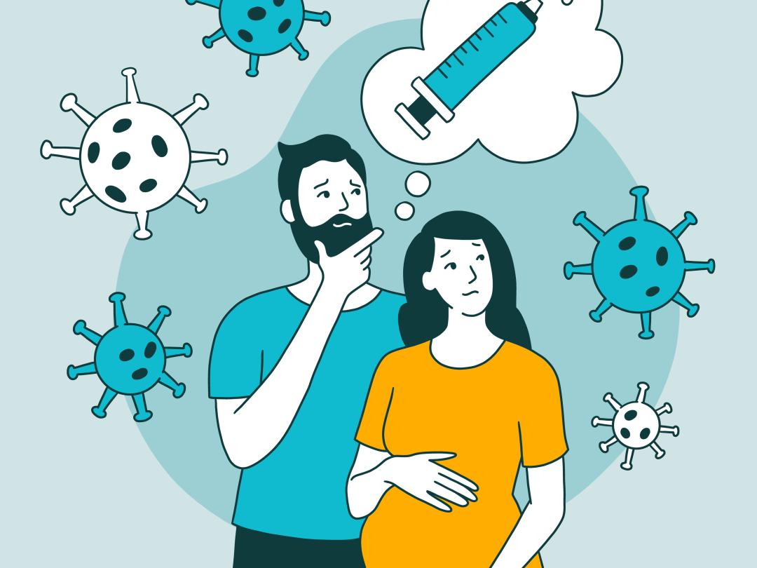 Zwangere vrouw en man met covid bacterien en een injectiespuit als gedachtenwolkjes om zich heen