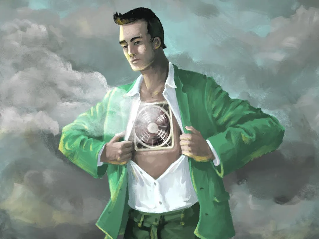 Illustratie van een man met een ventilator in zijn borst
