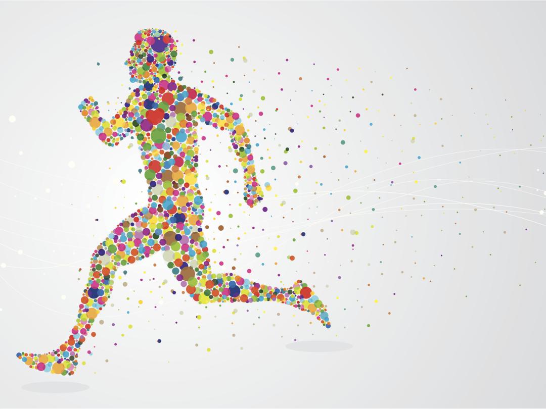 Illustratie van rennende man die uit bolletjes bestaat