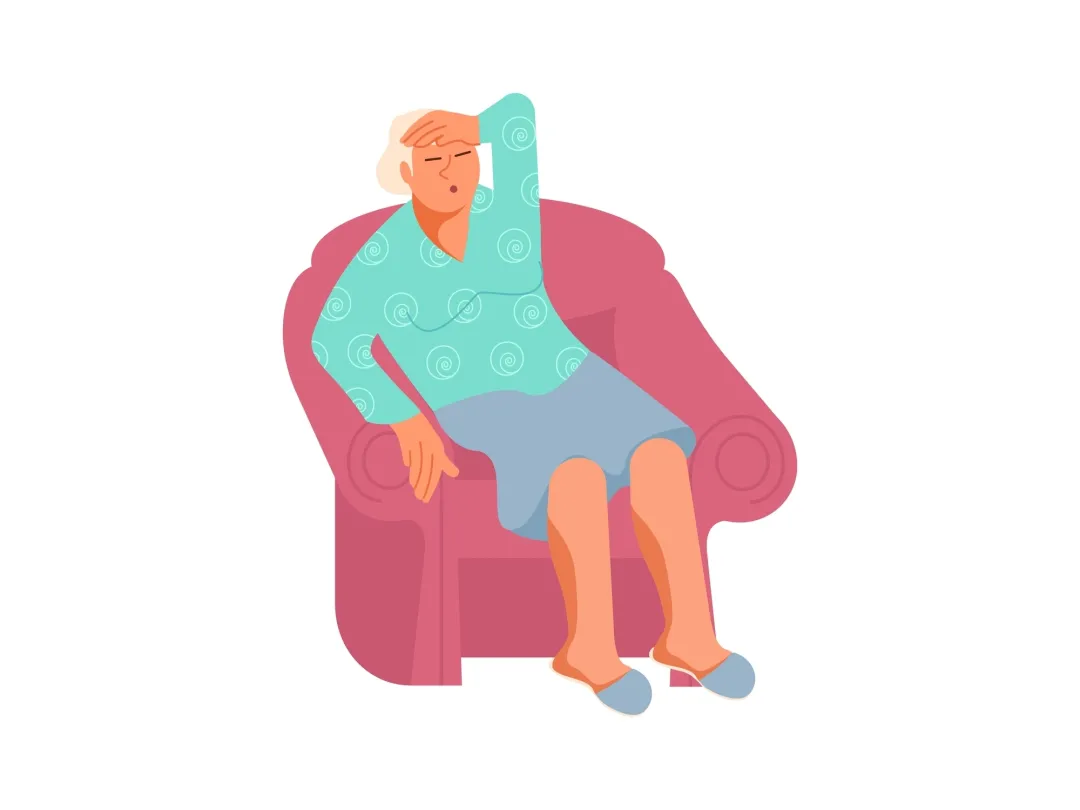 Illustratie van een vermoeide oude dame zittend in een stoel