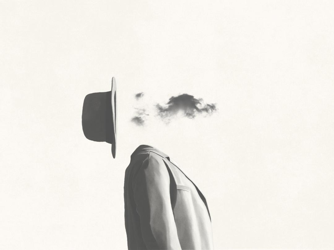Illustratie van een man met hoed waarvan het hoofd een grijs wolkje is