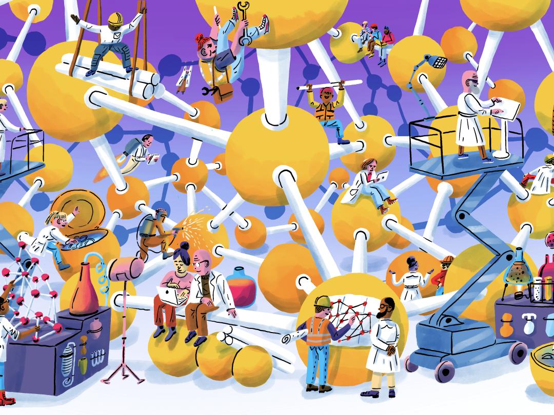 Illustratie van atomen die met elkaar verbonden zijn